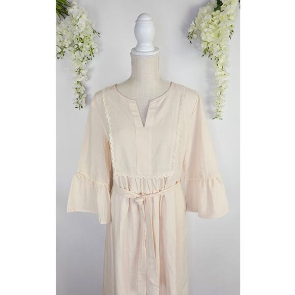 New MEROKEETY Midi Dress Medium Cream Tie Waist Bell Sleeve Cottagecore Milkmaid - Picture 4 of 13